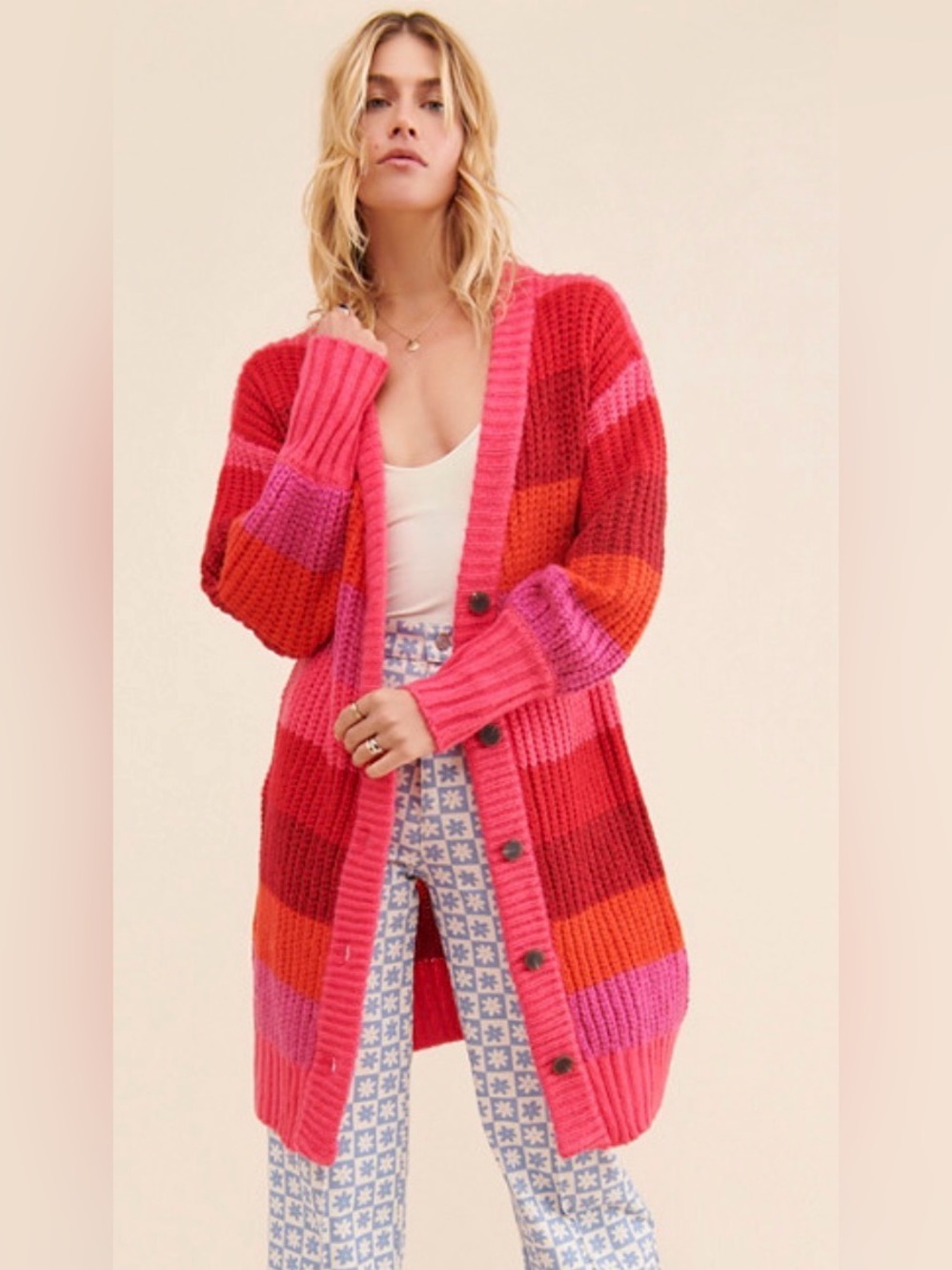 FARM Rio Striped Maxi Cardigan Pink Red Orange Size S